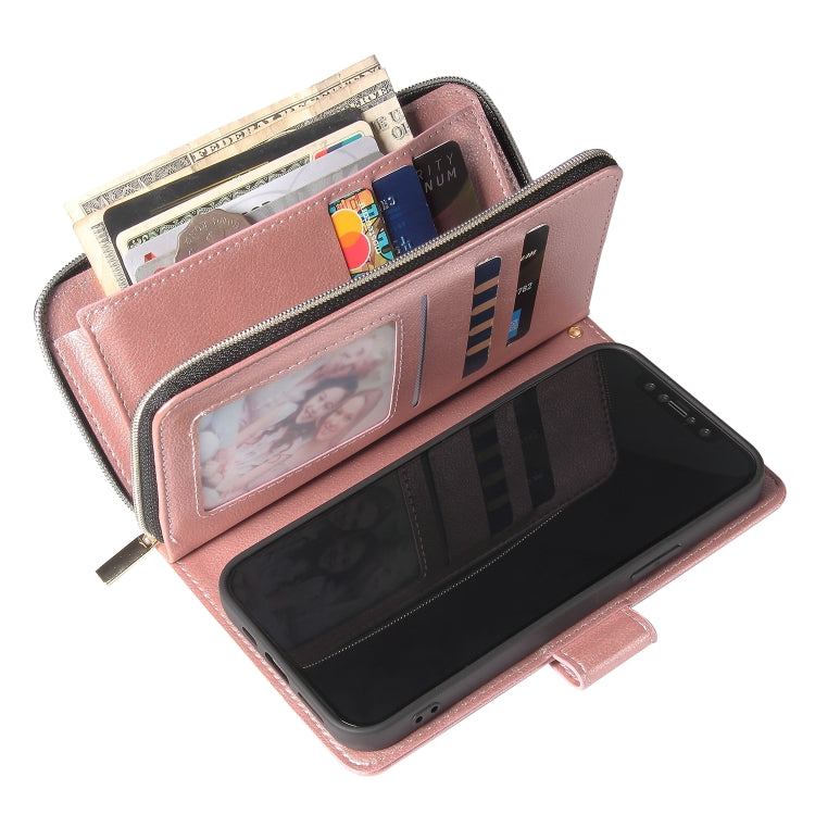 For iPhone 12 mini Zipper Wallet Bag Horizontal Flip PU Leather Case with Holder & 9 Card Slots & Wallet & Lanyard & Photo Frame(Rose Gold) - iPhone 12 mini Cases by buy2fix | Online Shopping UK | buy2fix