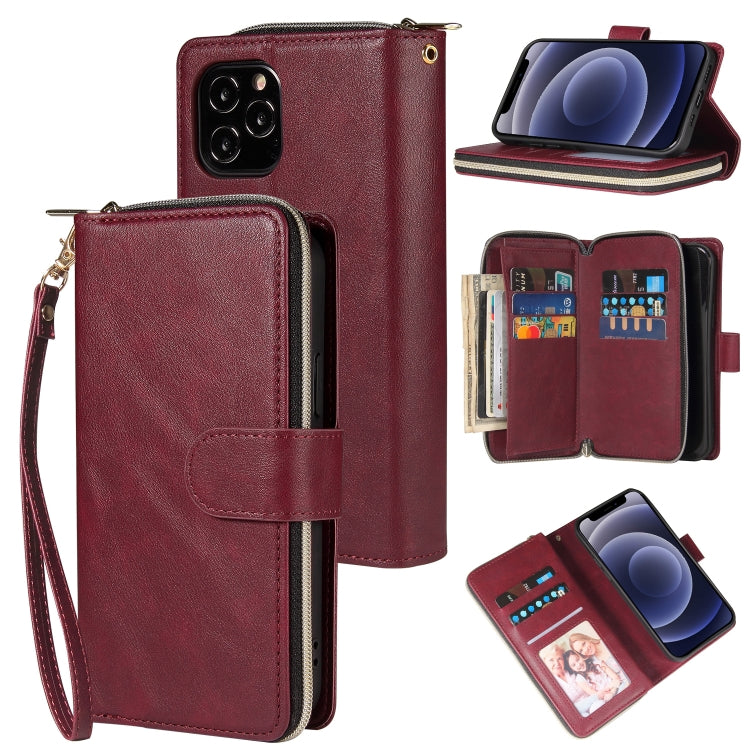 For iPhone 12 mini Zipper Wallet Bag Horizontal Flip PU Leather Case with Holder & 9 Card Slots & Wallet & Lanyard & Photo Frame(Wine Red) - iPhone 12 mini Cases by buy2fix | Online Shopping UK | buy2fix