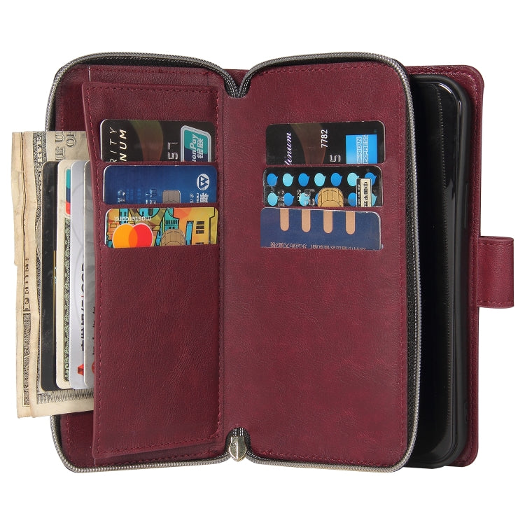 For iPhone 12 mini Zipper Wallet Bag Horizontal Flip PU Leather Case with Holder & 9 Card Slots & Wallet & Lanyard & Photo Frame(Wine Red) - iPhone 12 mini Cases by buy2fix | Online Shopping UK | buy2fix