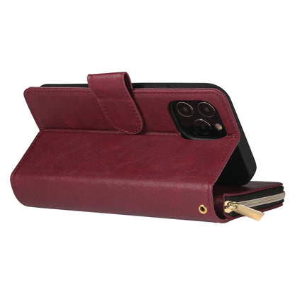For iPhone 12 mini Zipper Wallet Bag Horizontal Flip PU Leather Case with Holder & 9 Card Slots & Wallet & Lanyard & Photo Frame(Wine Red) - iPhone 12 mini Cases by buy2fix | Online Shopping UK | buy2fix