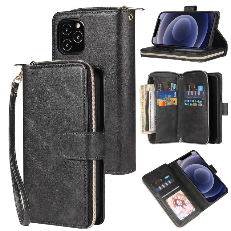 For iPhone 12 mini Zipper Wallet Bag Horizontal Flip PU Leather Case with Holder & 9 Card Slots & Wallet & Lanyard & Photo Frame(Black) - iPhone 12 mini Cases by buy2fix | Online Shopping UK | buy2fix