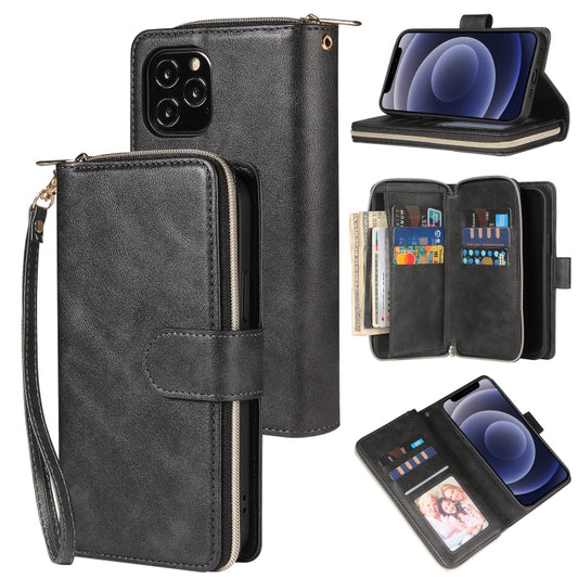 For iPhone 12 mini Zipper Wallet Bag Horizontal Flip PU Leather Case with Holder & 9 Card Slots & Wallet & Lanyard & Photo Frame(Black) - iPhone 12 mini Cases by buy2fix | Online Shopping UK | buy2fix