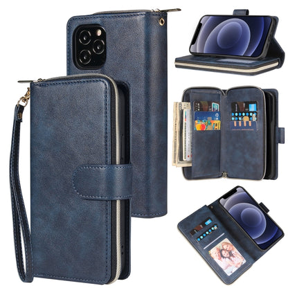 For iPhone 12 mini Zipper Wallet Bag Horizontal Flip PU Leather Case with Holder & 9 Card Slots & Wallet & Lanyard & Photo Frame(Blue) - iPhone 12 mini Cases by buy2fix | Online Shopping UK | buy2fix