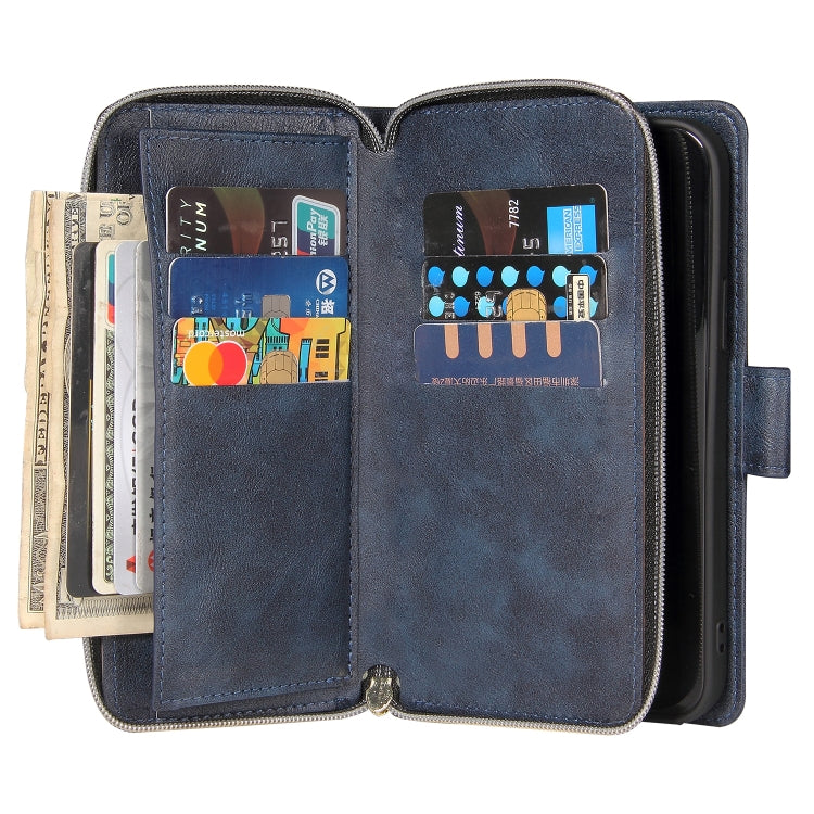 For iPhone 12 mini Zipper Wallet Bag Horizontal Flip PU Leather Case with Holder & 9 Card Slots & Wallet & Lanyard & Photo Frame(Blue) - iPhone 12 mini Cases by buy2fix | Online Shopping UK | buy2fix