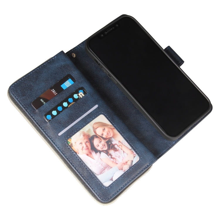 For iPhone 12 mini Zipper Wallet Bag Horizontal Flip PU Leather Case with Holder & 9 Card Slots & Wallet & Lanyard & Photo Frame(Blue) - iPhone 12 mini Cases by buy2fix | Online Shopping UK | buy2fix