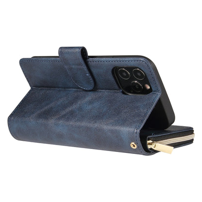 For iPhone 12 mini Zipper Wallet Bag Horizontal Flip PU Leather Case with Holder & 9 Card Slots & Wallet & Lanyard & Photo Frame(Blue) - iPhone 12 mini Cases by buy2fix | Online Shopping UK | buy2fix