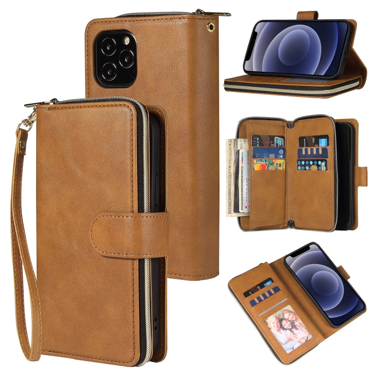 For iPhone 12 mini Zipper Wallet Bag Horizontal Flip PU Leather Case with Holder & 9 Card Slots & Wallet & Lanyard & Photo Frame(Brown) - iPhone 12 mini Cases by buy2fix | Online Shopping UK | buy2fix