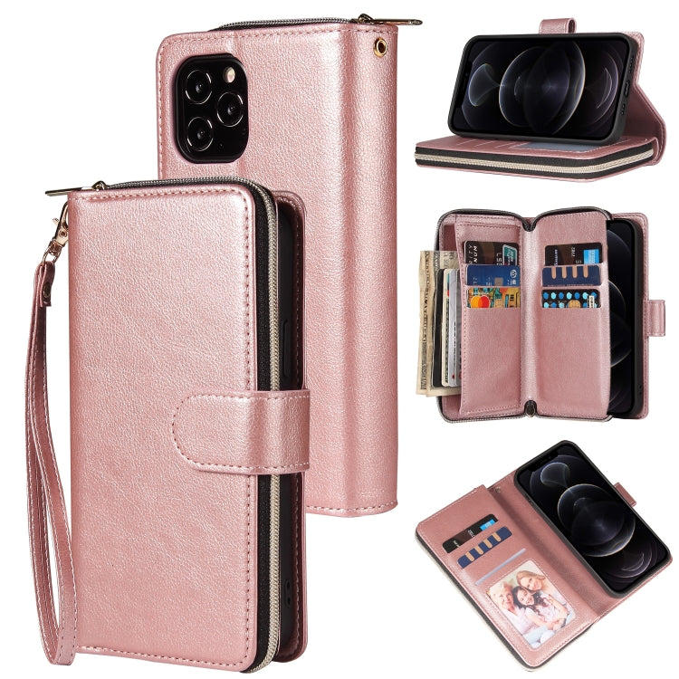 For iPhone 12 / 12 Pro Zipper Wallet Bag Horizontal Flip PU Leather Case with Holder & 9 Card Slots & Wallet & Lanyard & Photo Frame(Rose Gold) - iPhone 12 / 12 Pro Cases by buy2fix | Online Shopping UK | buy2fix