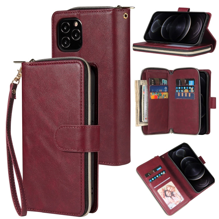 For iPhone 12 / 12 Pro Zipper Wallet Bag Horizontal Flip PU Leather Case with Holder & 9 Card Slots & Wallet & Lanyard & Photo Frame(Wine Red) - iPhone 12 / 12 Pro Cases by buy2fix | Online Shopping UK | buy2fix
