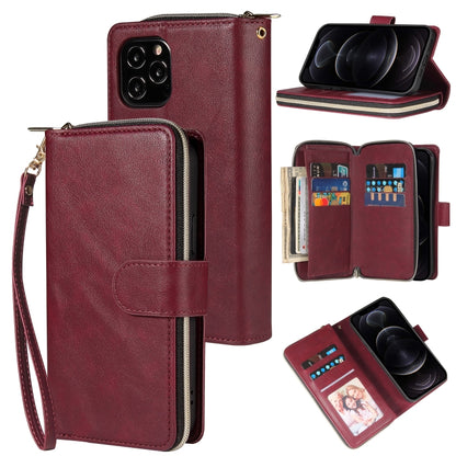 For iPhone 12 / 12 Pro Zipper Wallet Bag Horizontal Flip PU Leather Case with Holder & 9 Card Slots & Wallet & Lanyard & Photo Frame(Wine Red) - iPhone 12 / 12 Pro Cases by buy2fix | Online Shopping UK | buy2fix