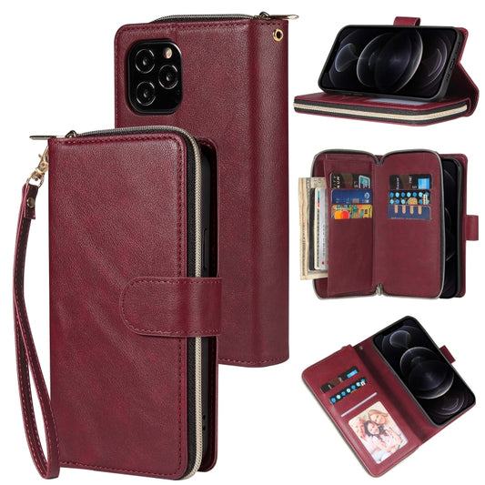 For iPhone 12 / 12 Pro Zipper Wallet Bag Horizontal Flip PU Leather Case with Holder & 9 Card Slots & Wallet & Lanyard & Photo Frame(Wine Red) - iPhone 12 / 12 Pro Cases by buy2fix | Online Shopping UK | buy2fix