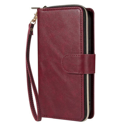 For iPhone 12 / 12 Pro Zipper Wallet Bag Horizontal Flip PU Leather Case with Holder & 9 Card Slots & Wallet & Lanyard & Photo Frame(Wine Red) - iPhone 12 / 12 Pro Cases by buy2fix | Online Shopping UK | buy2fix