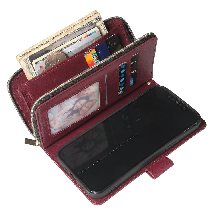 For iPhone 12 / 12 Pro Zipper Wallet Bag Horizontal Flip PU Leather Case with Holder & 9 Card Slots & Wallet & Lanyard & Photo Frame(Wine Red) - iPhone 12 / 12 Pro Cases by buy2fix | Online Shopping UK | buy2fix