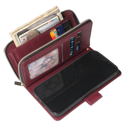 For iPhone 12 / 12 Pro Zipper Wallet Bag Horizontal Flip PU Leather Case with Holder & 9 Card Slots & Wallet & Lanyard & Photo Frame(Wine Red) - iPhone 12 / 12 Pro Cases by buy2fix | Online Shopping UK | buy2fix