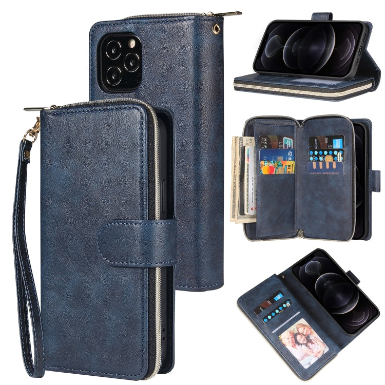 For iPhone 12 / 12 Pro Zipper Wallet Bag Horizontal Flip PU Leather Case with Holder & 9 Card Slots & Wallet & Lanyard & Photo Frame(Blue) - iPhone 12 / 12 Pro Cases by buy2fix | Online Shopping UK | buy2fix