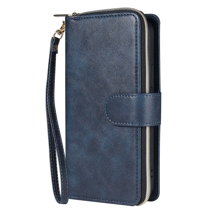 For iPhone 12 / 12 Pro Zipper Wallet Bag Horizontal Flip PU Leather Case with Holder & 9 Card Slots & Wallet & Lanyard & Photo Frame(Blue) - iPhone 12 / 12 Pro Cases by buy2fix | Online Shopping UK | buy2fix