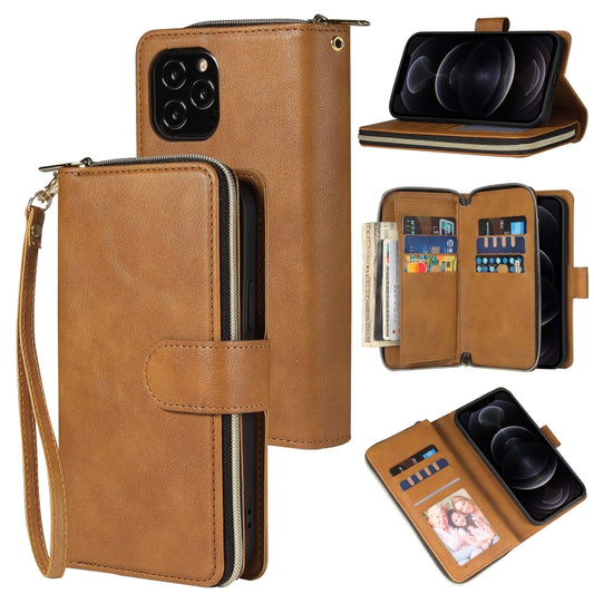 For iPhone 12 / 12 Pro Zipper Wallet Bag Horizontal Flip PU Leather Case with Holder & 9 Card Slots & Wallet & Lanyard & Photo Frame(Brown) - iPhone 12 / 12 Pro Cases by buy2fix | Online Shopping UK | buy2fix