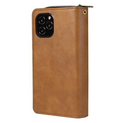 For iPhone 12 / 12 Pro Zipper Wallet Bag Horizontal Flip PU Leather Case with Holder & 9 Card Slots & Wallet & Lanyard & Photo Frame(Brown) - iPhone 12 / 12 Pro Cases by buy2fix | Online Shopping UK | buy2fix