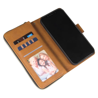 For iPhone 12 / 12 Pro Zipper Wallet Bag Horizontal Flip PU Leather Case with Holder & 9 Card Slots & Wallet & Lanyard & Photo Frame(Brown) - iPhone 12 / 12 Pro Cases by buy2fix | Online Shopping UK | buy2fix