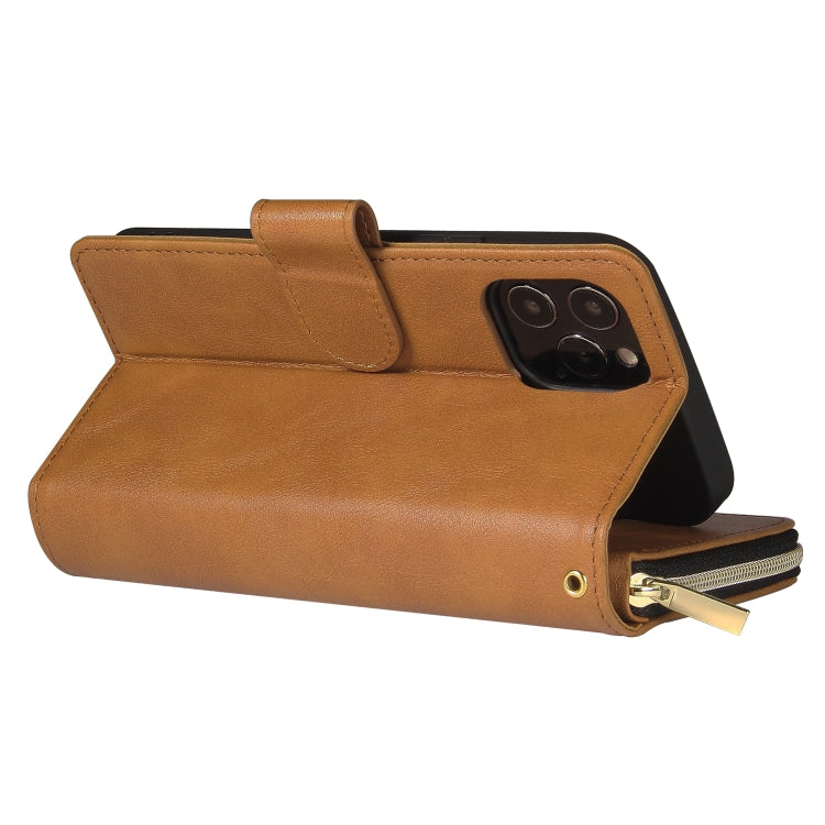 For iPhone 12 / 12 Pro Zipper Wallet Bag Horizontal Flip PU Leather Case with Holder & 9 Card Slots & Wallet & Lanyard & Photo Frame(Brown) - iPhone 12 / 12 Pro Cases by buy2fix | Online Shopping UK | buy2fix