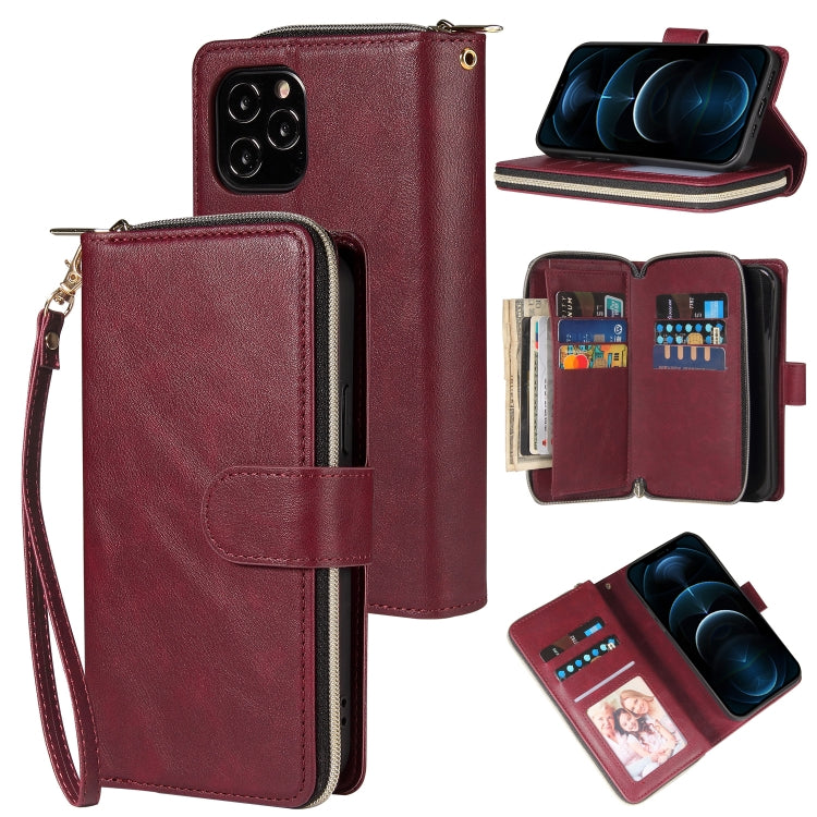 For iPhone 12 Pro Max Zipper Wallet Bag Horizontal Flip PU Leather Case with Holder & 9 Card Slots & Wallet & Lanyard & Photo Frame(Wine Red) - iPhone 12 Pro Max Cases by buy2fix | Online Shopping UK | buy2fix