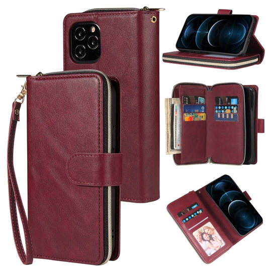 For iPhone 12 Pro Max Zipper Wallet Bag Horizontal Flip PU Leather Case with Holder & 9 Card Slots & Wallet & Lanyard & Photo Frame(Wine Red) - iPhone 12 Pro Max Cases by buy2fix | Online Shopping UK | buy2fix
