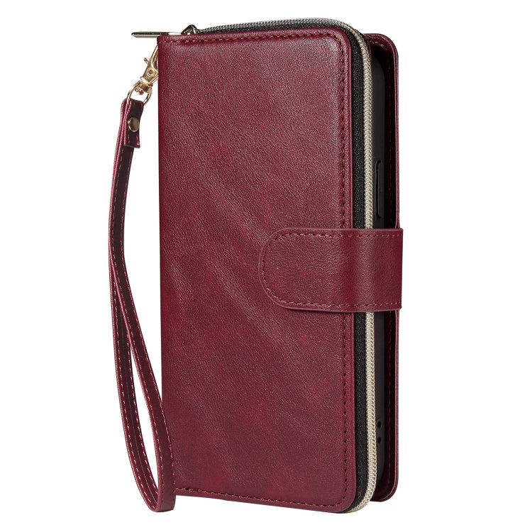 For iPhone 12 Pro Max Zipper Wallet Bag Horizontal Flip PU Leather Case with Holder & 9 Card Slots & Wallet & Lanyard & Photo Frame(Wine Red) - iPhone 12 Pro Max Cases by buy2fix | Online Shopping UK | buy2fix