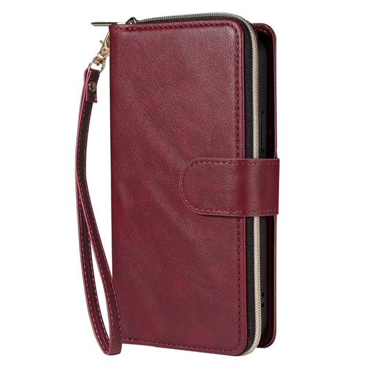 For iPhone 12 Pro Max Zipper Wallet Bag Horizontal Flip PU Leather Case with Holder & 9 Card Slots & Wallet & Lanyard & Photo Frame(Wine Red) - iPhone 12 Pro Max Cases by buy2fix | Online Shopping UK | buy2fix