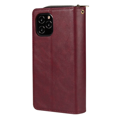 For iPhone 12 Pro Max Zipper Wallet Bag Horizontal Flip PU Leather Case with Holder & 9 Card Slots & Wallet & Lanyard & Photo Frame(Wine Red) - iPhone 12 Pro Max Cases by buy2fix | Online Shopping UK | buy2fix