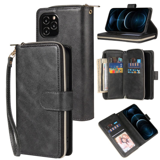 For iPhone 12 Pro Max Zipper Wallet Bag Horizontal Flip PU Leather Case with Holder & 9 Card Slots & Wallet & Lanyard & Photo Frame(Black) - iPhone 12 Pro Max Cases by buy2fix | Online Shopping UK | buy2fix