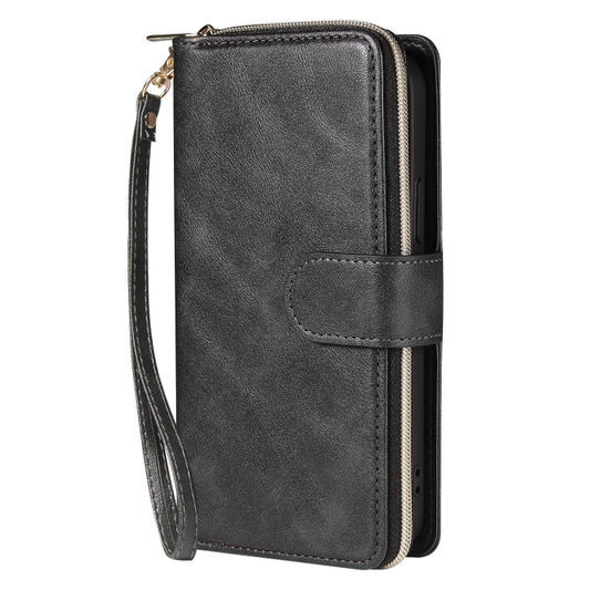 For iPhone 12 Pro Max Zipper Wallet Bag Horizontal Flip PU Leather Case with Holder & 9 Card Slots & Wallet & Lanyard & Photo Frame(Black) - iPhone 12 Pro Max Cases by buy2fix | Online Shopping UK | buy2fix