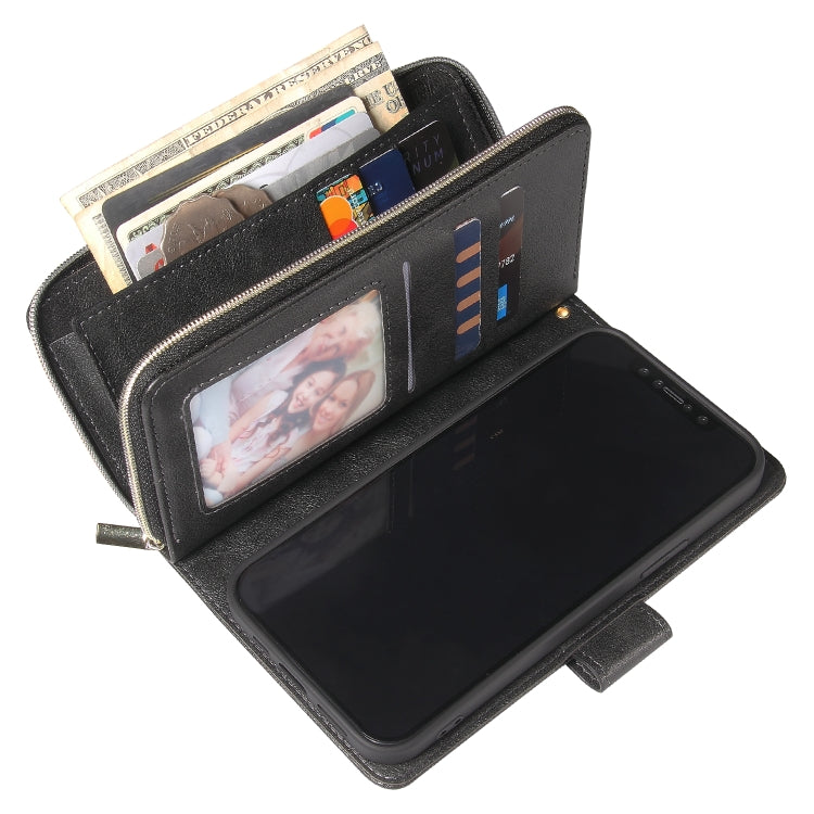 For iPhone 12 Pro Max Zipper Wallet Bag Horizontal Flip PU Leather Case with Holder & 9 Card Slots & Wallet & Lanyard & Photo Frame(Black) - iPhone 12 Pro Max Cases by buy2fix | Online Shopping UK | buy2fix