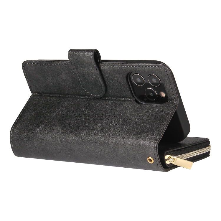 For iPhone 12 Pro Max Zipper Wallet Bag Horizontal Flip PU Leather Case with Holder & 9 Card Slots & Wallet & Lanyard & Photo Frame(Black) - iPhone 12 Pro Max Cases by buy2fix | Online Shopping UK | buy2fix