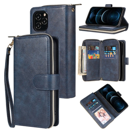 For iPhone 12 Pro Max Zipper Wallet Bag Horizontal Flip PU Leather Case with Holder & 9 Card Slots & Wallet & Lanyard & Photo Frame(Blue) - iPhone 12 Pro Max Cases by buy2fix | Online Shopping UK | buy2fix