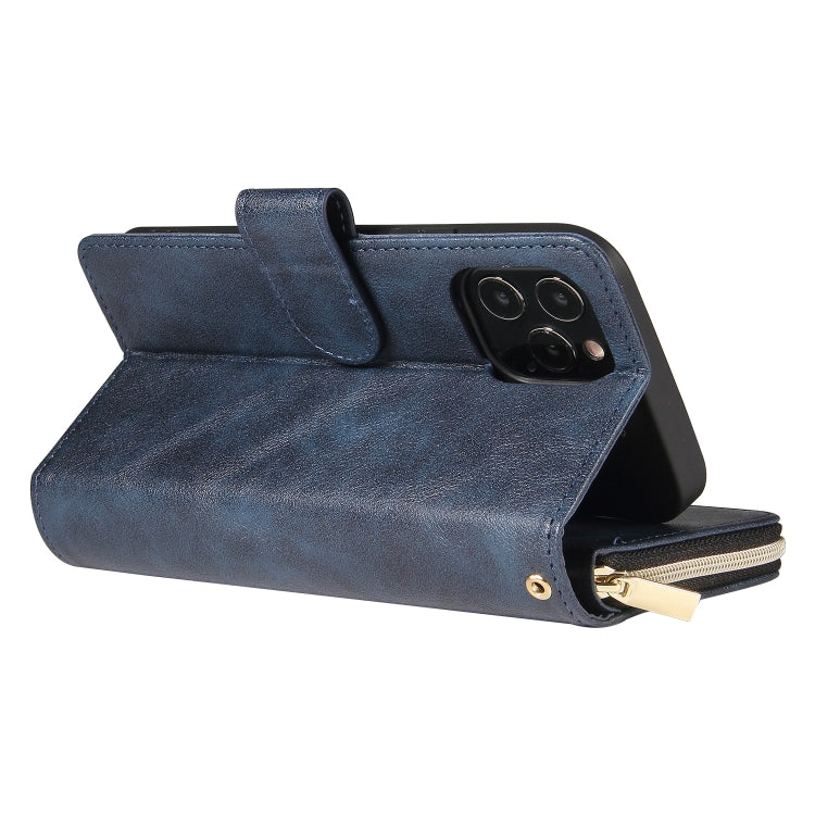 For iPhone 12 Pro Max Zipper Wallet Bag Horizontal Flip PU Leather Case with Holder & 9 Card Slots & Wallet & Lanyard & Photo Frame(Blue) - iPhone 12 Pro Max Cases by buy2fix | Online Shopping UK | buy2fix