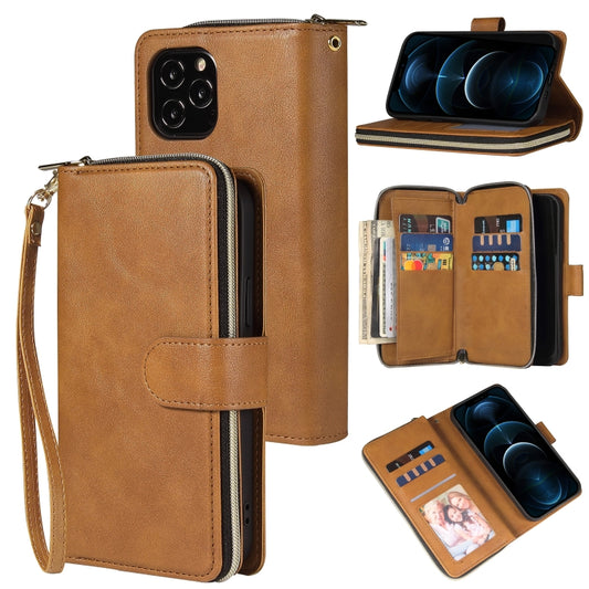 For iPhone 12 Pro Max Zipper Wallet Bag Horizontal Flip PU Leather Case with Holder & 9 Card Slots & Wallet & Lanyard & Photo Frame(Brown) - iPhone 12 Pro Max Cases by buy2fix | Online Shopping UK | buy2fix