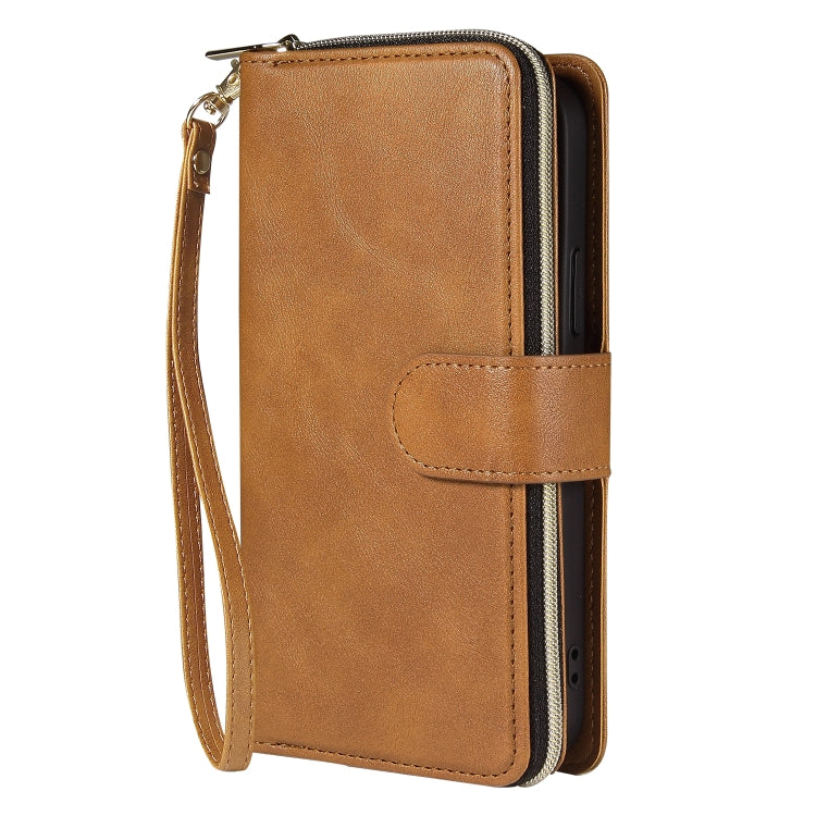For iPhone 12 Pro Max Zipper Wallet Bag Horizontal Flip PU Leather Case with Holder & 9 Card Slots & Wallet & Lanyard & Photo Frame(Brown) - iPhone 12 Pro Max Cases by buy2fix | Online Shopping UK | buy2fix