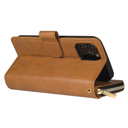 For iPhone 12 Pro Max Zipper Wallet Bag Horizontal Flip PU Leather Case with Holder & 9 Card Slots & Wallet & Lanyard & Photo Frame(Brown) - iPhone 12 Pro Max Cases by buy2fix | Online Shopping UK | buy2fix