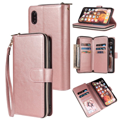 For iPhone X / XS Zipper Wallet Bag Horizontal Flip PU Leather Case with Holder & 9 Card Slots & Wallet & Lanyard & Photo Frame(Rose Gold) - More iPhone Cases by buy2fix | Online Shopping UK | buy2fix