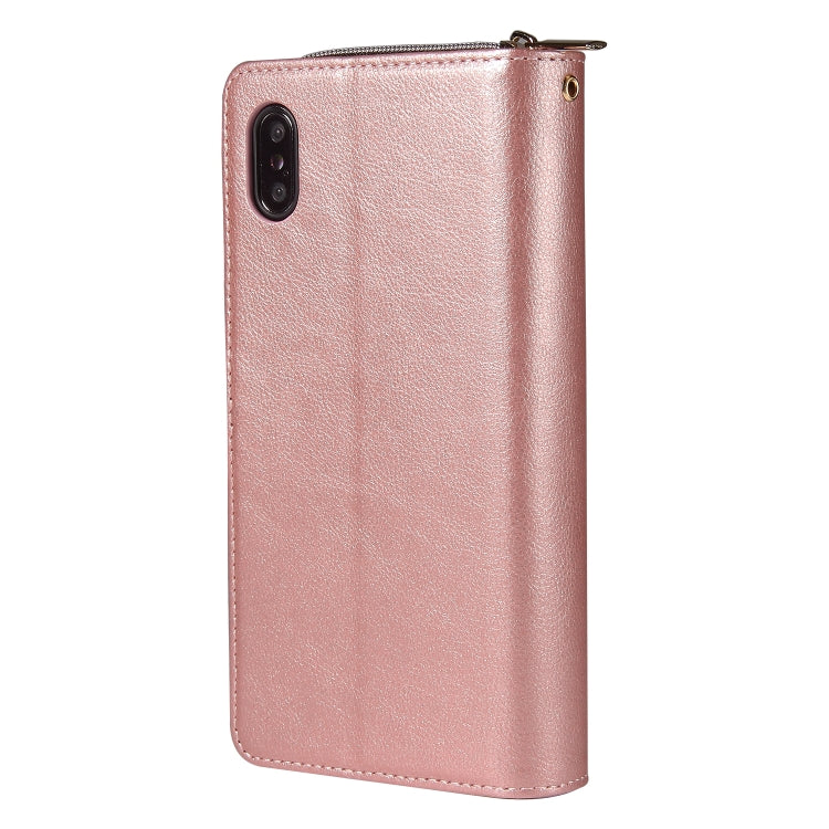 For iPhone X / XS Zipper Wallet Bag Horizontal Flip PU Leather Case with Holder & 9 Card Slots & Wallet & Lanyard & Photo Frame(Rose Gold) - More iPhone Cases by buy2fix | Online Shopping UK | buy2fix