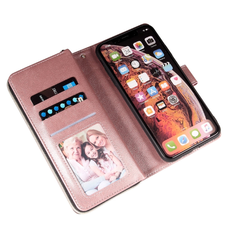 For iPhone X / XS Zipper Wallet Bag Horizontal Flip PU Leather Case with Holder & 9 Card Slots & Wallet & Lanyard & Photo Frame(Rose Gold) - More iPhone Cases by buy2fix | Online Shopping UK | buy2fix