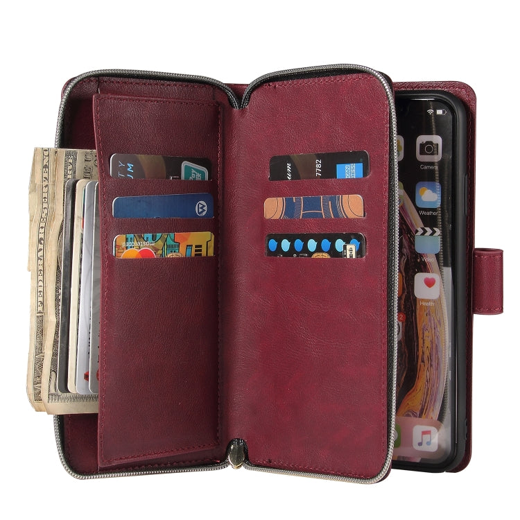 For iPhone X / XS Zipper Wallet Bag Horizontal Flip PU Leather Case with Holder & 9 Card Slots & Wallet & Lanyard & Photo Frame(Wine Red) - More iPhone Cases by buy2fix | Online Shopping UK | buy2fix