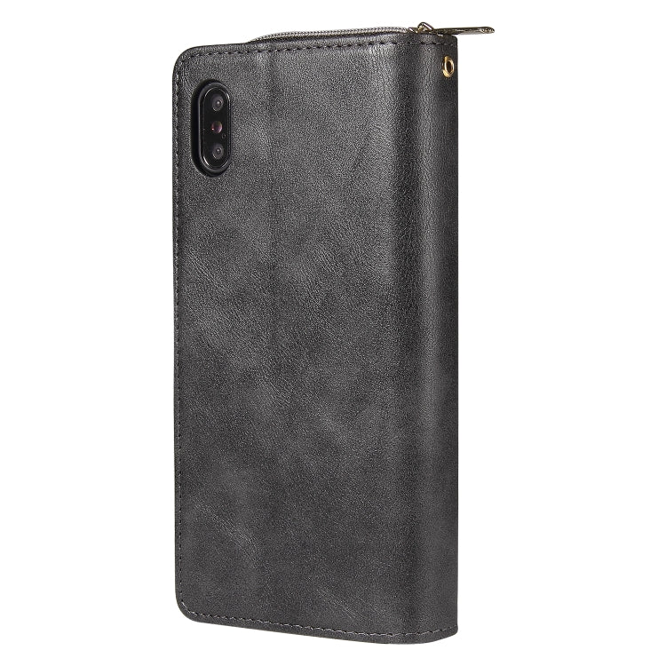 For iPhone X / XS Zipper Wallet Bag Horizontal Flip PU Leather Case with Holder & 9 Card Slots & Wallet & Lanyard & Photo Frame(Black) - More iPhone Cases by buy2fix | Online Shopping UK | buy2fix