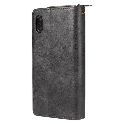 For iPhone X / XS Zipper Wallet Bag Horizontal Flip PU Leather Case with Holder & 9 Card Slots & Wallet & Lanyard & Photo Frame(Black) - More iPhone Cases by buy2fix | Online Shopping UK | buy2fix