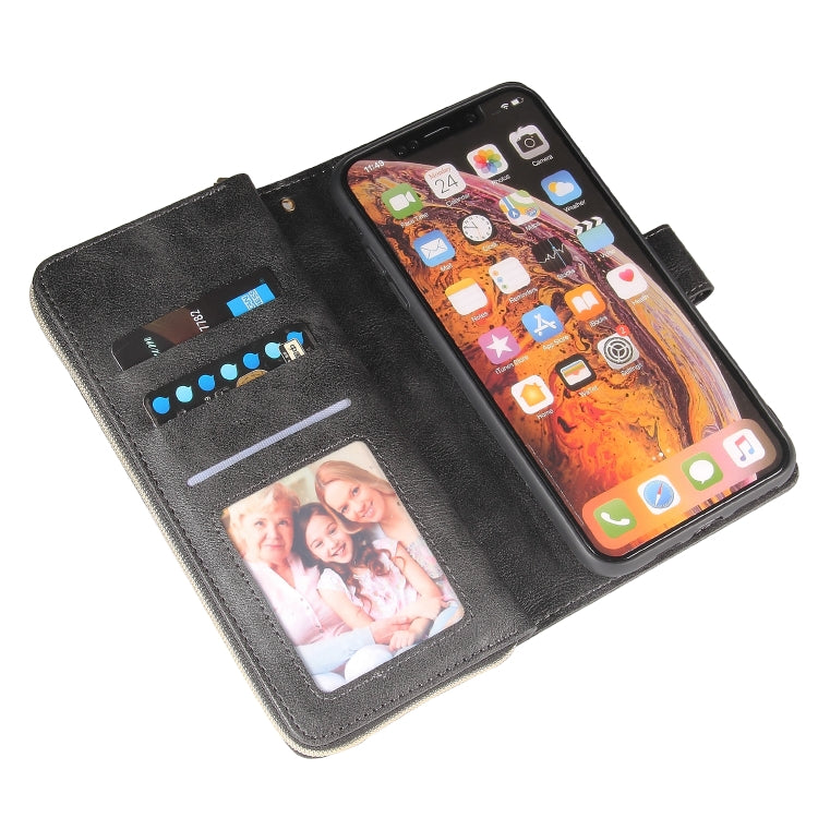 For iPhone X / XS Zipper Wallet Bag Horizontal Flip PU Leather Case with Holder & 9 Card Slots & Wallet & Lanyard & Photo Frame(Black) - More iPhone Cases by buy2fix | Online Shopping UK | buy2fix