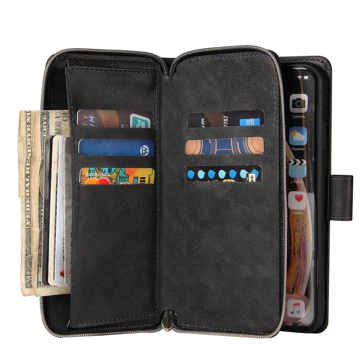 For iPhone X / XS Zipper Wallet Bag Horizontal Flip PU Leather Case with Holder & 9 Card Slots & Wallet & Lanyard & Photo Frame(Black) - More iPhone Cases by buy2fix | Online Shopping UK | buy2fix