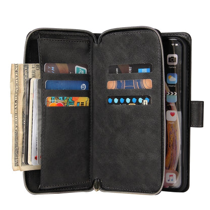 For iPhone X / XS Zipper Wallet Bag Horizontal Flip PU Leather Case with Holder & 9 Card Slots & Wallet & Lanyard & Photo Frame(Black) - More iPhone Cases by buy2fix | Online Shopping UK | buy2fix