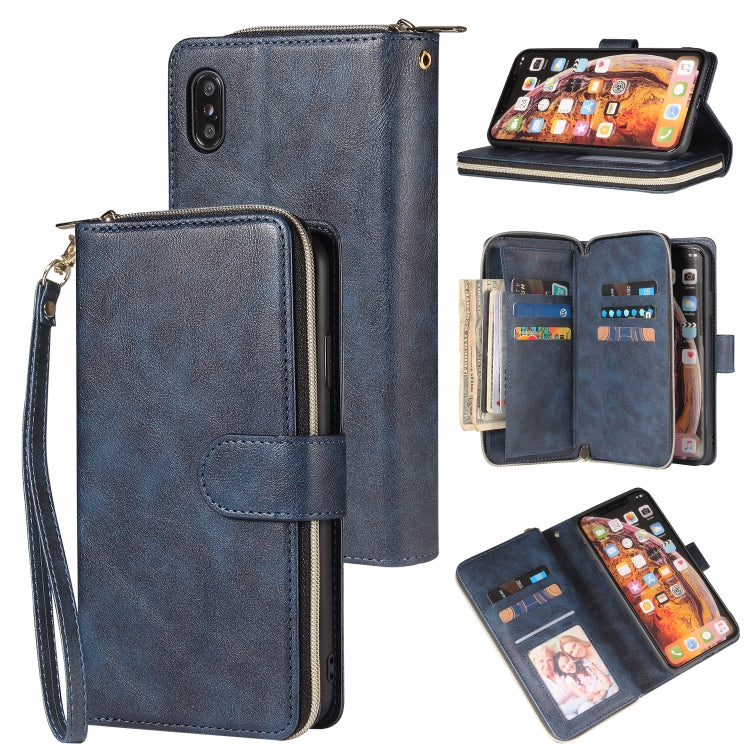 For iPhone X / XS Zipper Wallet Bag Horizontal Flip PU Leather Case with Holder & 9 Card Slots & Wallet & Lanyard & Photo Frame(Blue) - More iPhone Cases by buy2fix | Online Shopping UK | buy2fix