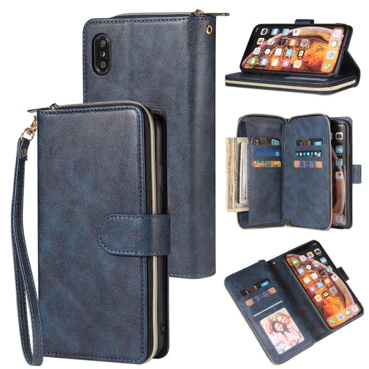 For iPhone X / XS Zipper Wallet Bag Horizontal Flip PU Leather Case with Holder & 9 Card Slots & Wallet & Lanyard & Photo Frame(Blue) - More iPhone Cases by buy2fix | Online Shopping UK | buy2fix
