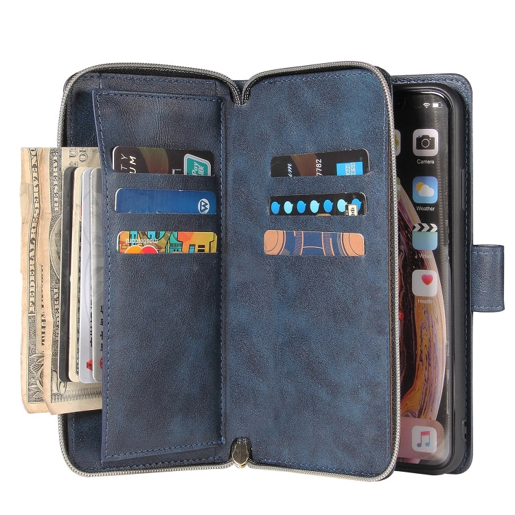 For iPhone X / XS Zipper Wallet Bag Horizontal Flip PU Leather Case with Holder & 9 Card Slots & Wallet & Lanyard & Photo Frame(Blue) - More iPhone Cases by buy2fix | Online Shopping UK | buy2fix